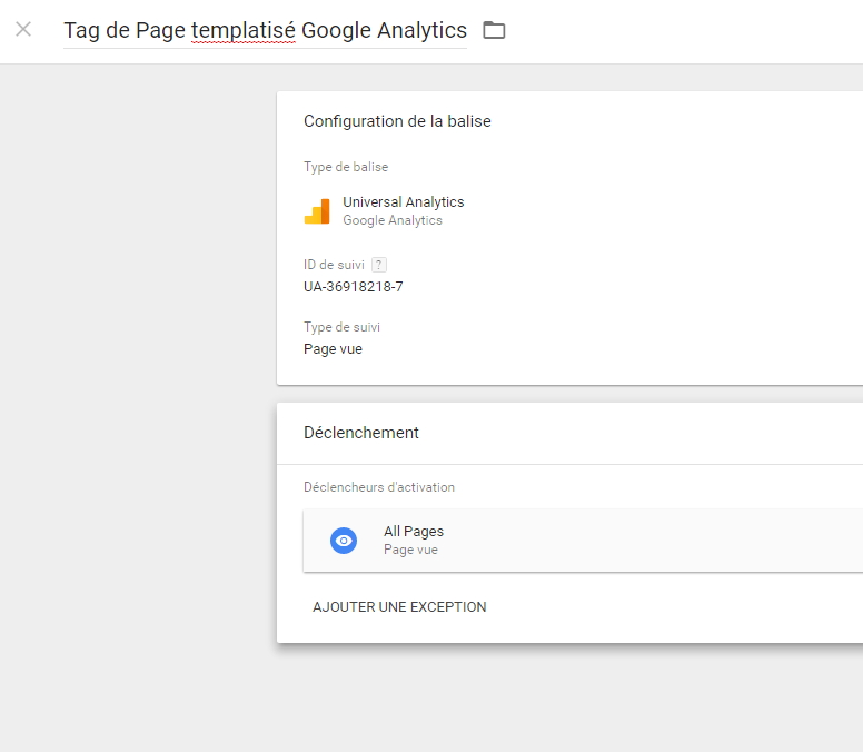 La version "templatisée" d'un tag de page Google Analytics au sein de Google Tag Manager