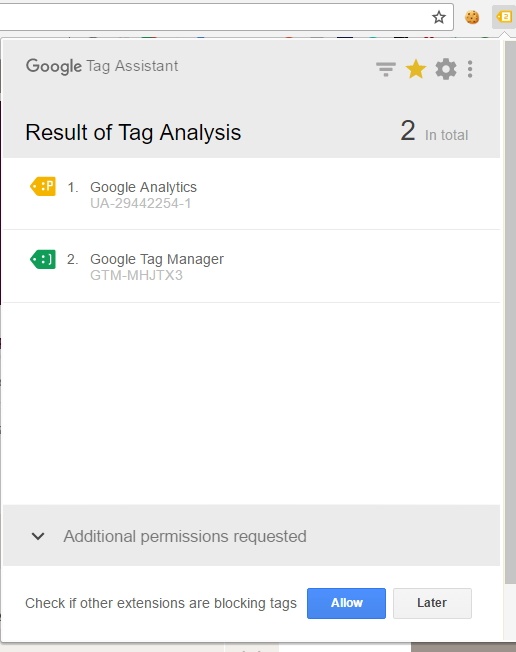 Vérification du bon fonctionnement du snippet Google Tag Manager via le plugin Chrome Google Tag Assistant